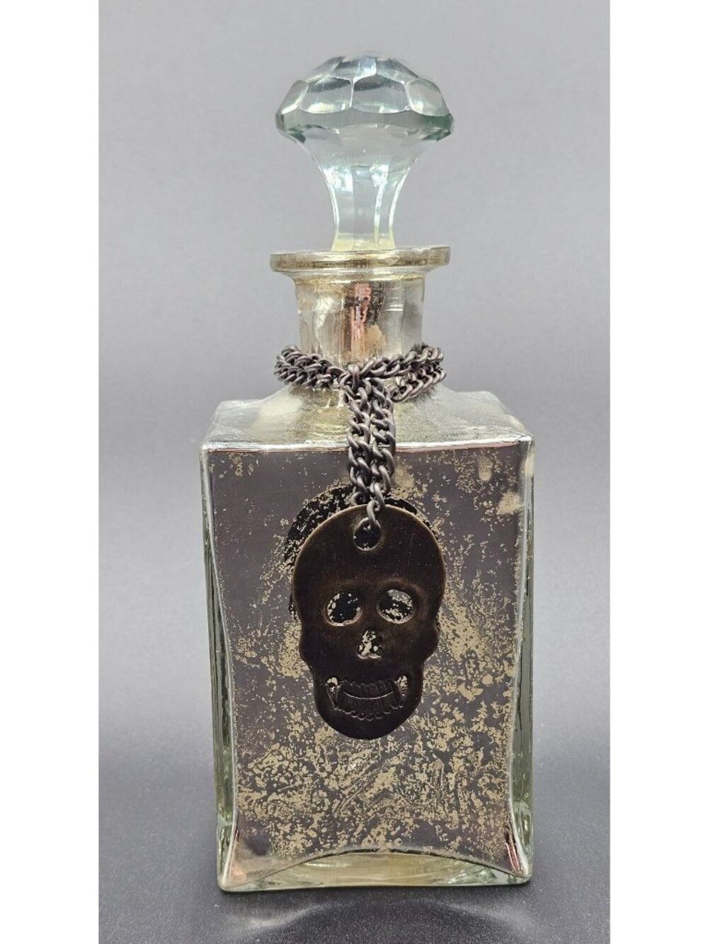Decorative Glass Skull Bottle Faceted Stopper Halloween Decor Creepy Brutalist